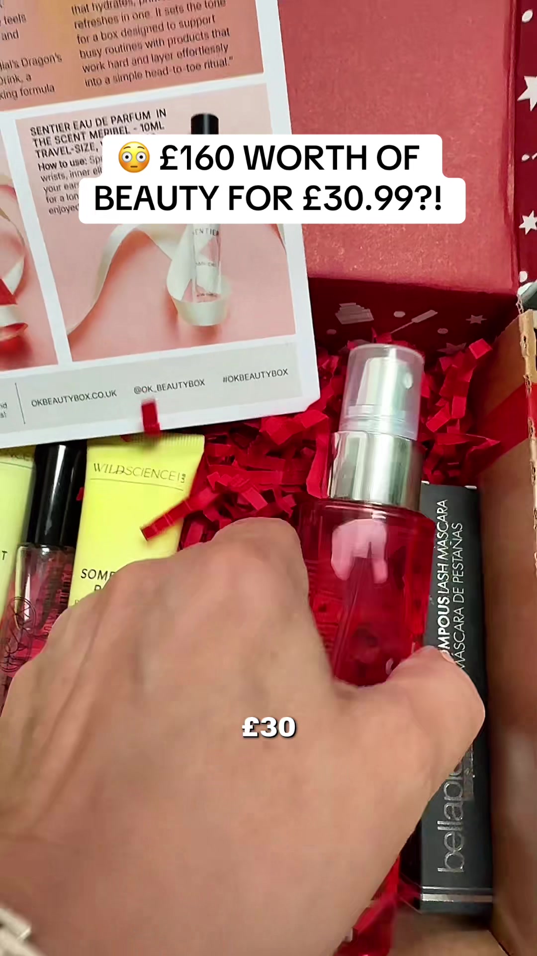 TikTok post by @clareepls for OK! Beauty Box. Caption reads: [...] thought this was a typo. The @OK! Beauty Box....