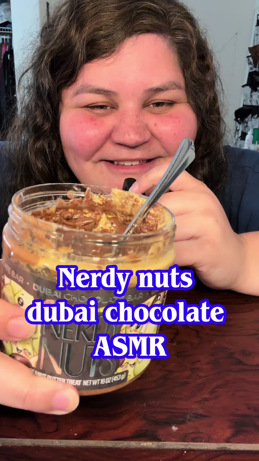 TikTok post by @thericebowleats for Nerdy Nuts. Caption reads: Nerdy nuts ASMR #mukbang #fyp #eating #food [...].