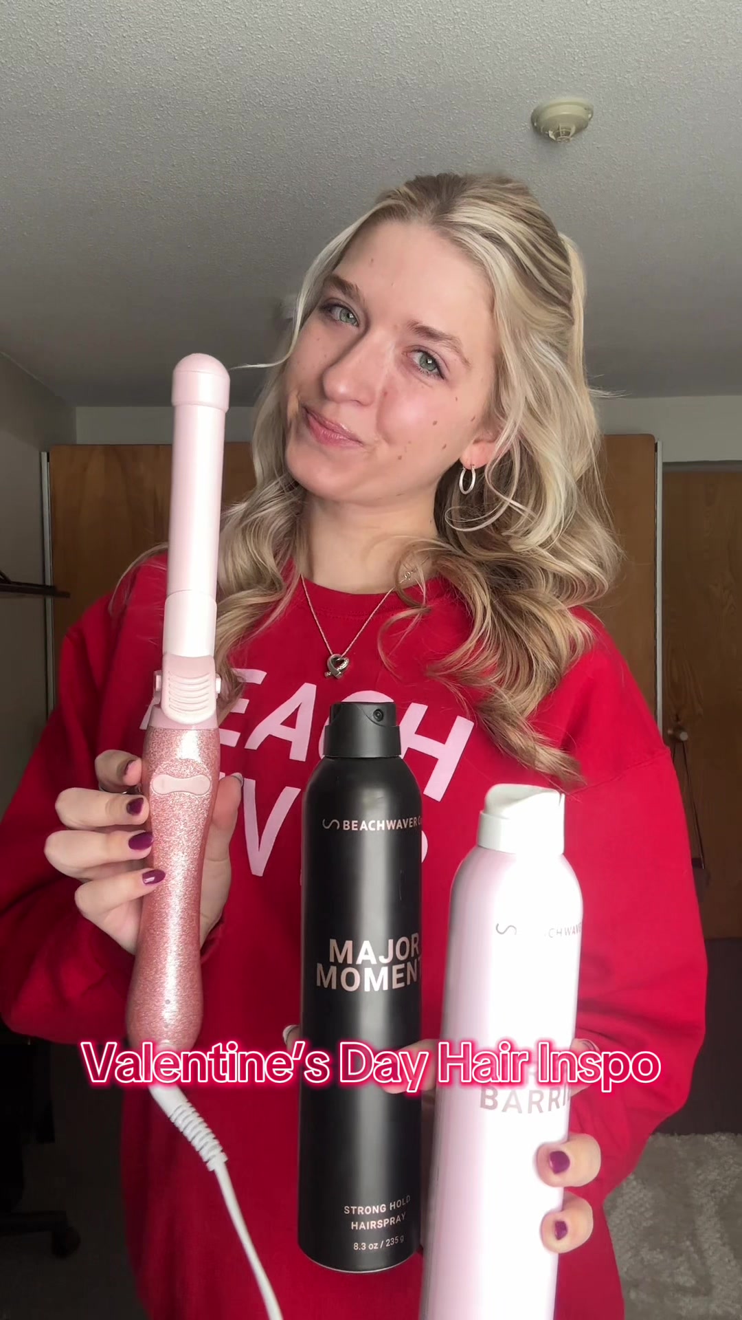 TikTok post by @cassidy_belle24 for Beachwaver. Caption reads: Valentine’s Day hair inspo using all Beachwaver....