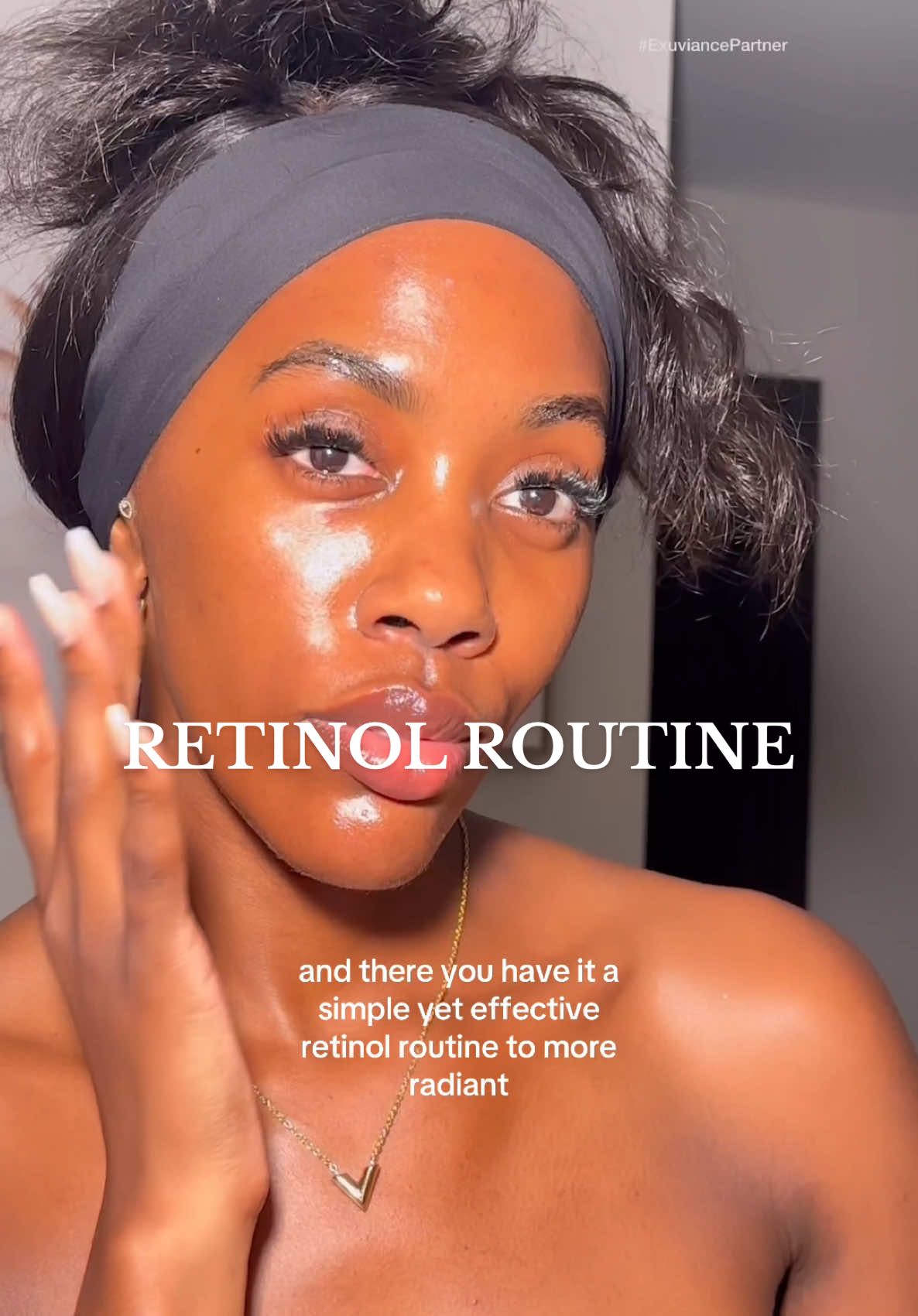 TikTok post by @beingcrystalnicolee for Exuviance. Caption reads: Building a retinol routine with the new @Exuviance....