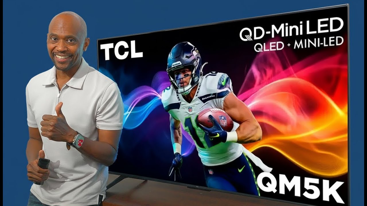 YouTube post by @TechSteve for The Wood Veneer Hub. Caption reads: TCL QM5K QD-Mini LED TV The Best Budget TV For You....