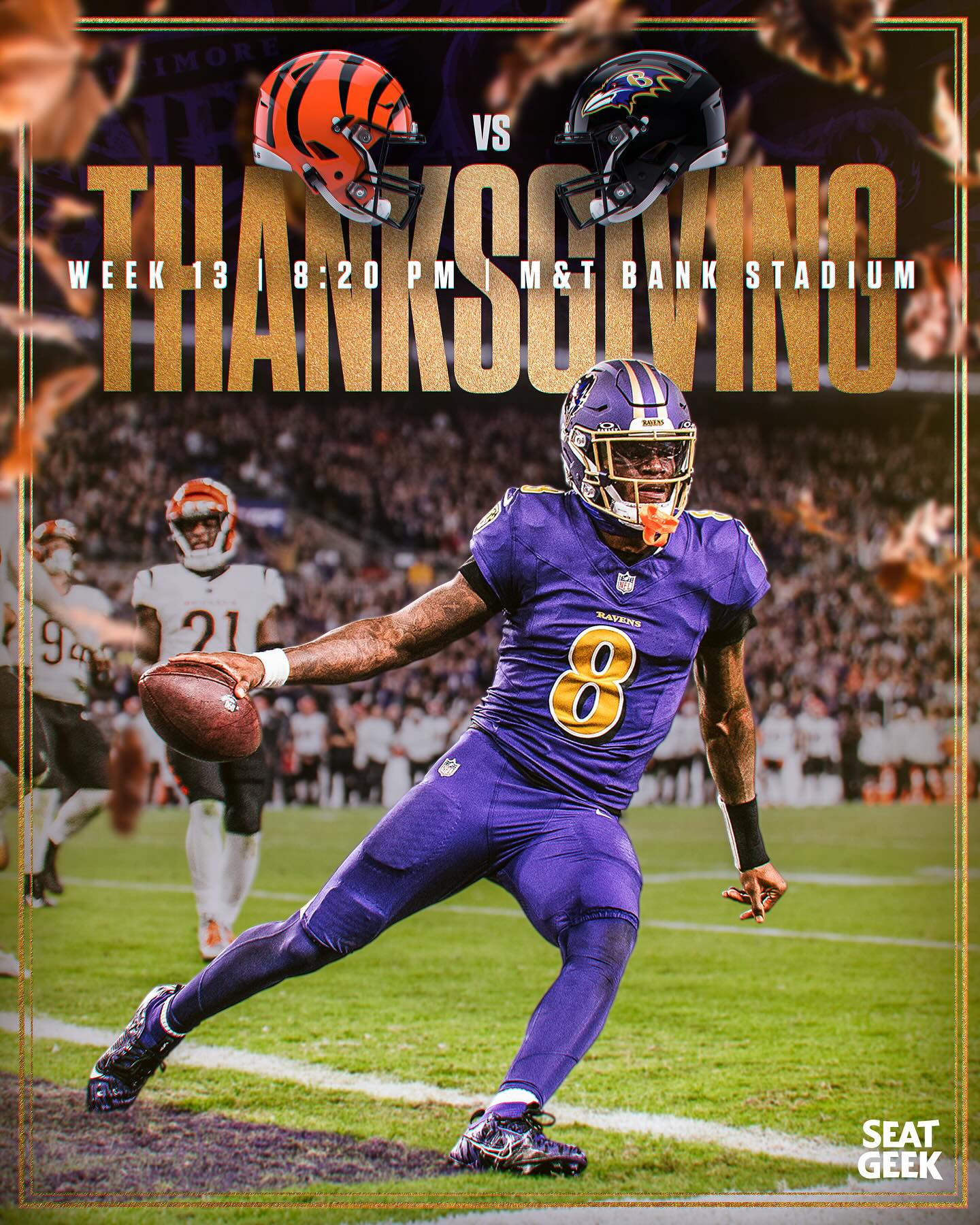 Instagram post by @ravens for SeatGeek. Caption reads: Save us a spot at Thanksgiving dinner 😈.