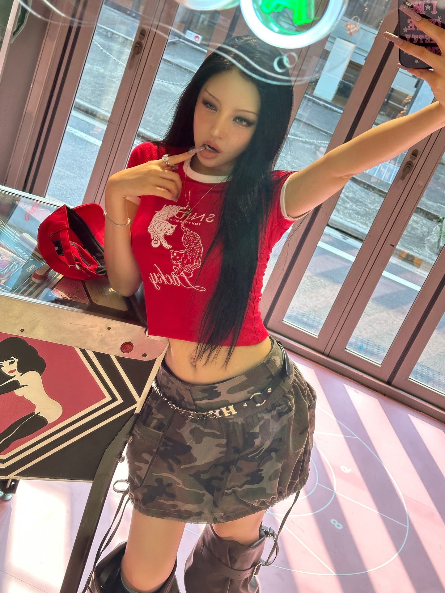 Instagram post by @hellosaeeun for SNIDEL BEAUTY. Caption reads: #ad  SNIDEL 20th anniversary❤️‍🩹🪽 
아오야마 한정 티셔츠!....