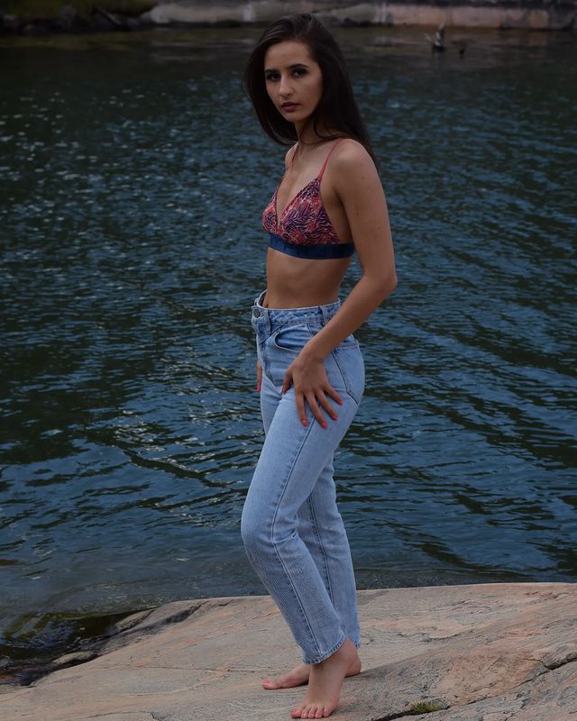 Instagram post by @zelga_danho for Abrand Jeans. Caption reads: Stay close to the serenity of a lake to meet your....