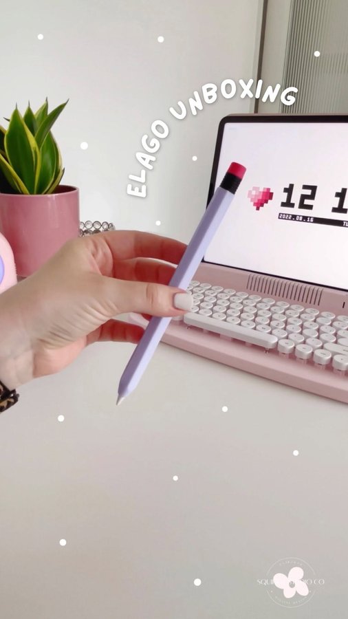 Instagram post by @squirrelstudioco for Elago. Caption reads: Pencil cover refresh ✨✏️ @elago_official kindly....
