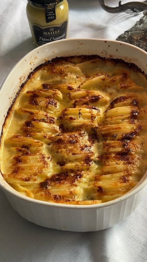 Instagram post by @nourish_naturally for La Maison Maille. Caption reads: My French-inspired Dijon Potato Gratin elevated....