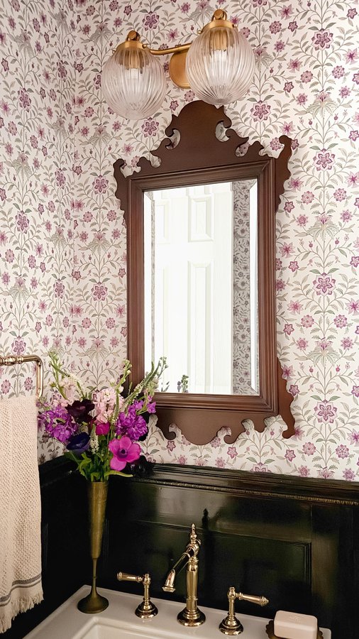 Instagram post by @pennies_for_a_fortune for KOHLER. Caption reads: This little powder bath was the very first room in....