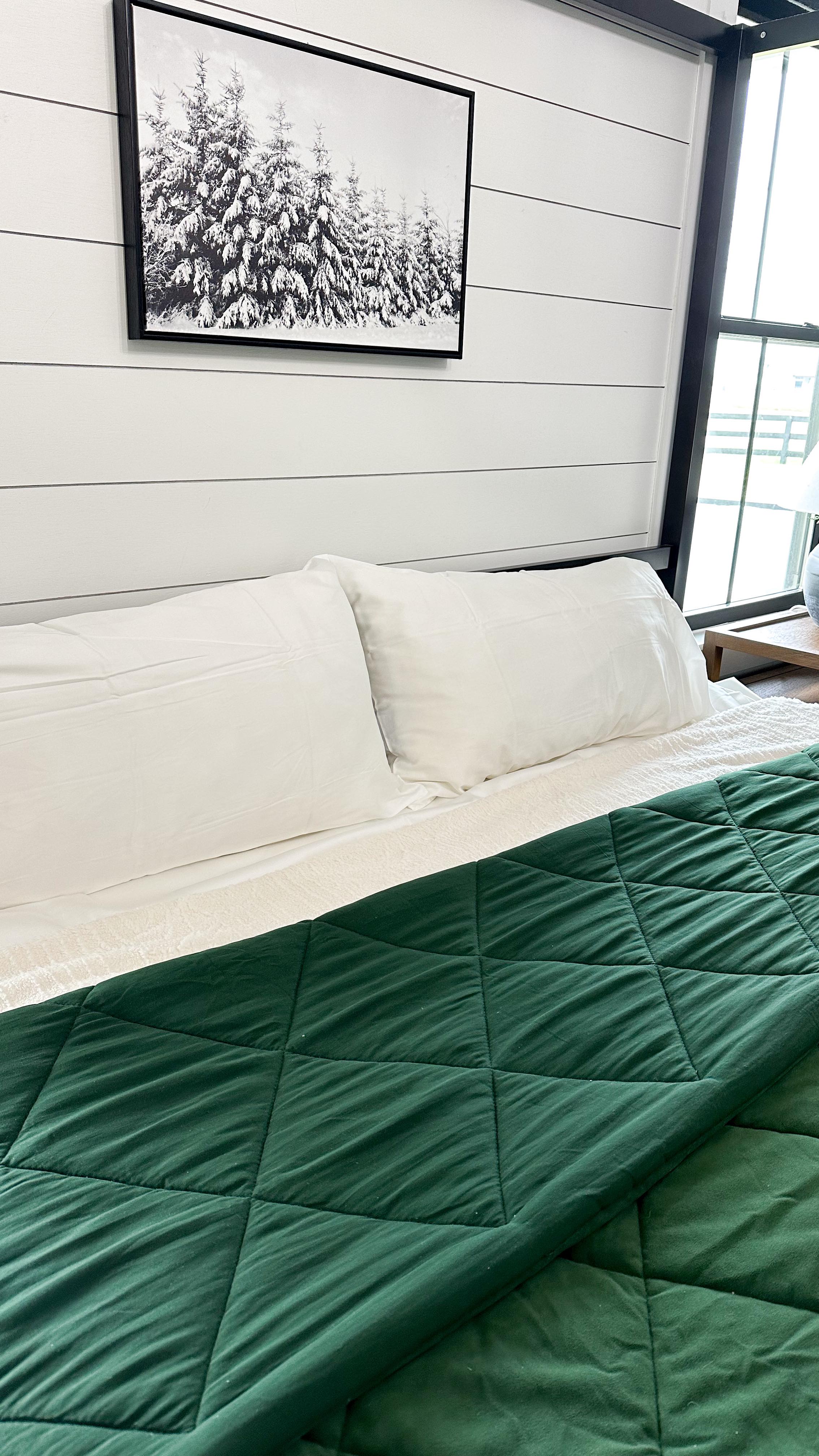 Instagram post by @thecozyfarmhouse for Bedsurehome. Caption reads: Loving our cozy new bedding heading into our Texas....