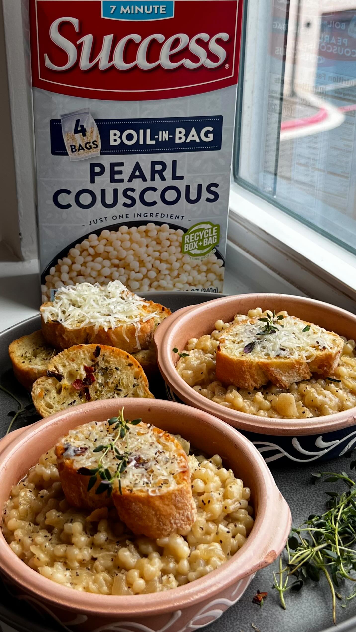 Instagram post by @chocolateandcheeseplease for Success Rice. Caption reads: #ad Creamy French Onion Pearl Couscous? 🧅🍲 Say....