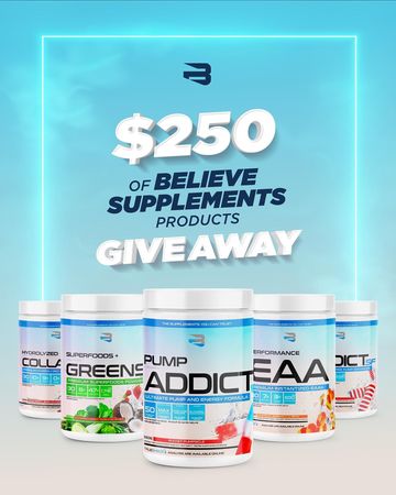 Instagram post by @muusamir for Believe Supplements. Caption reads: [...] it is!! Wanna win $250 credit for....
