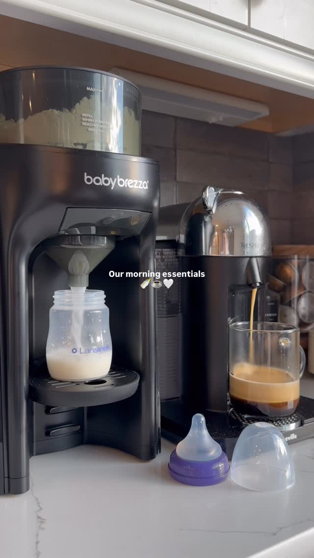 Instagram post by @hanncoleman for Baby Brezza. Caption reads: #ad Our morning essentials ☕🍼
Coffee for me, a....