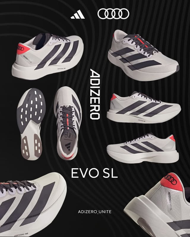 Instagram post by @adizero_unite for Audi. Caption reads: /// ADIZERO EVO SL 👟 AUDI 🏁 ⏳January 2026....