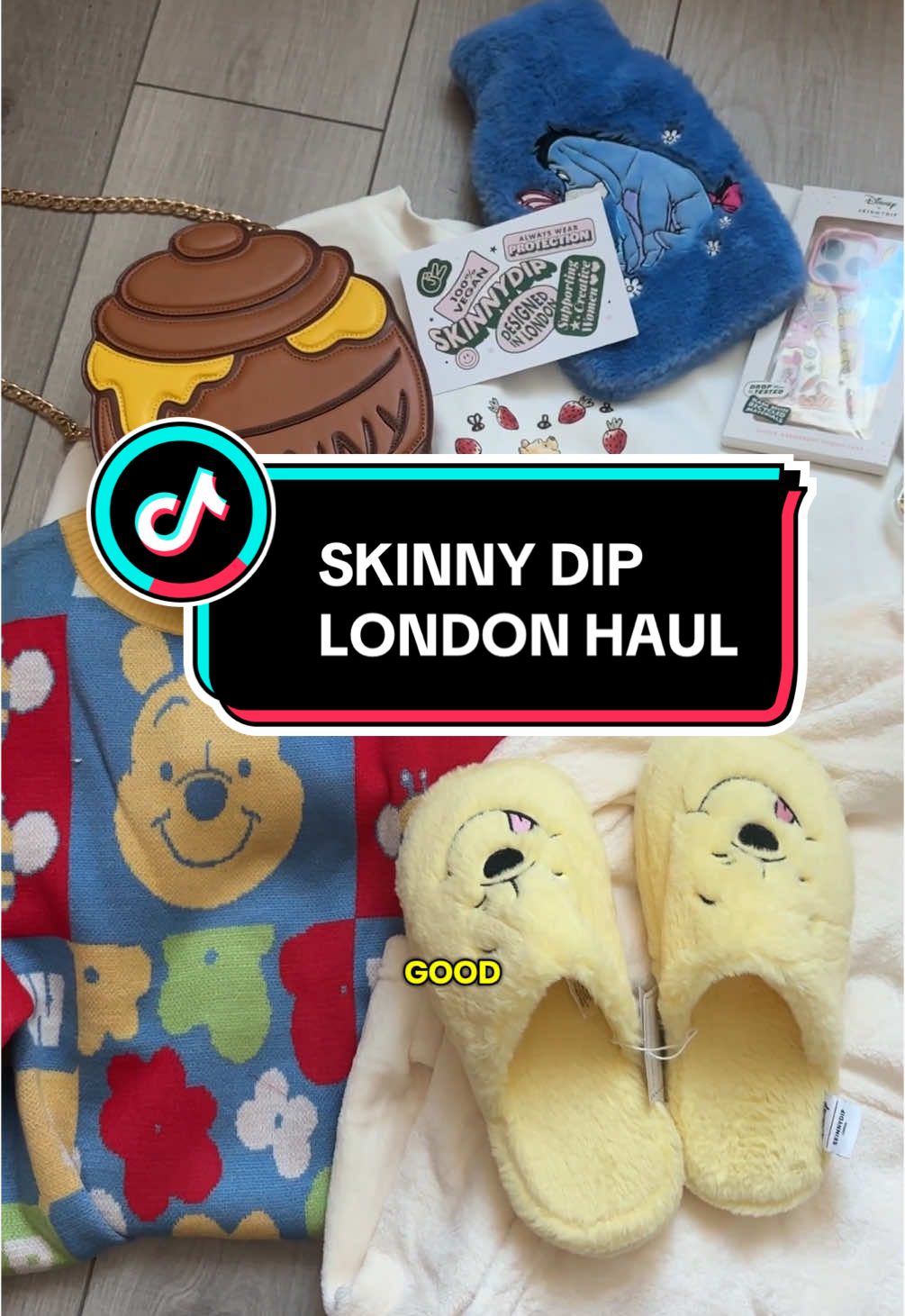 TikTok post by @blakespopnook for Skinnydip London. Caption reads: we are back with a pooh bear haul! ✨GIFTED✨ thank....
