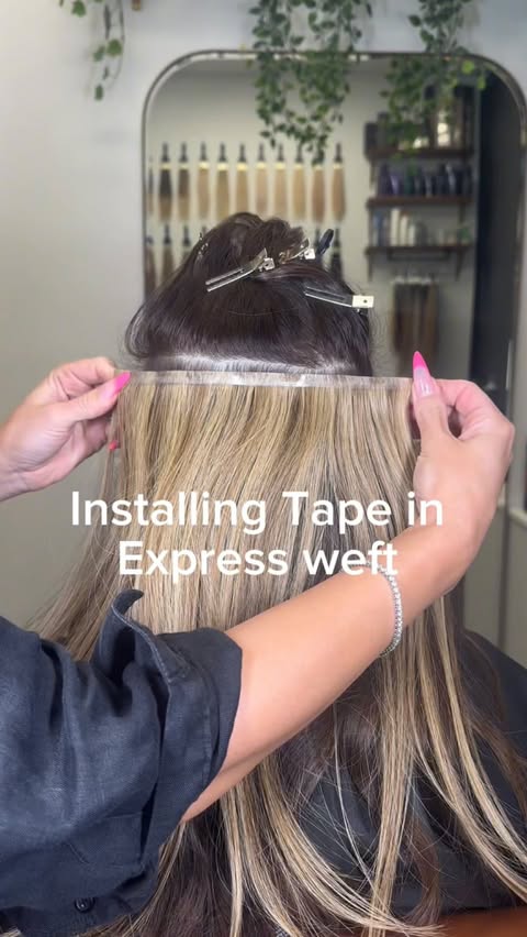 Instagram post by @athenashairdesign for BELLAMI Hair. Caption reads: Tape in Express Weft @bellamihairpro ✨Giving you....