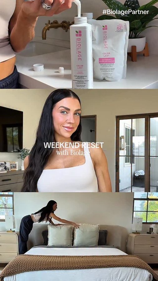 Instagram post by @jennajohnson for Biolage. Caption reads: Sunday Reset Vlog! @biolage makes bathroom....