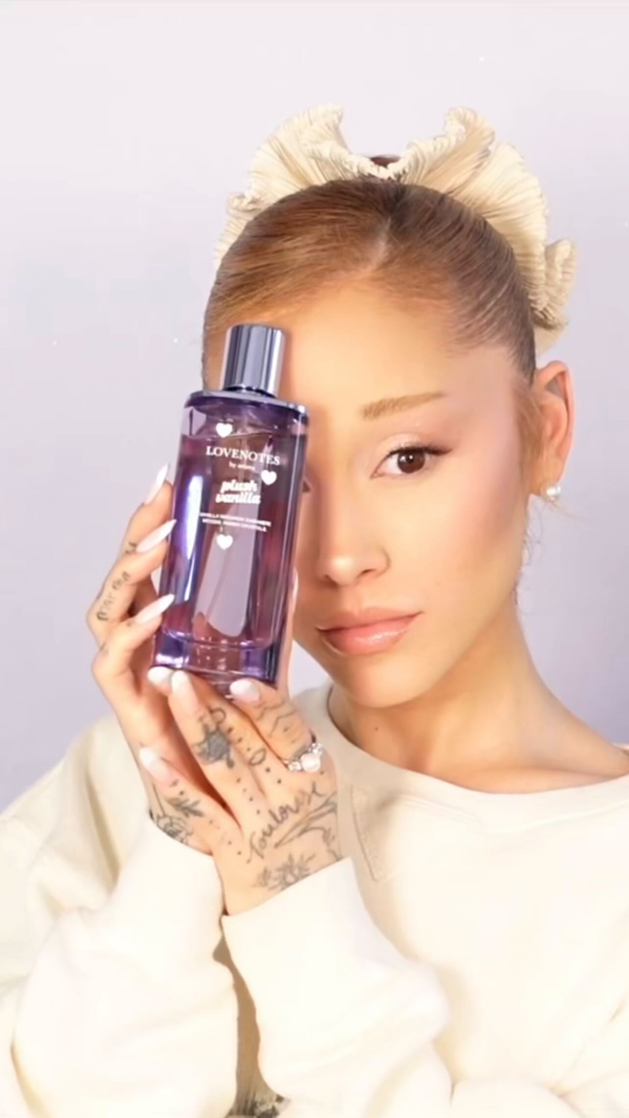 Instagram post by @arianagrande for Sephora Canada. Caption reads: LOVENOTES: plush vanilla is finally here and....