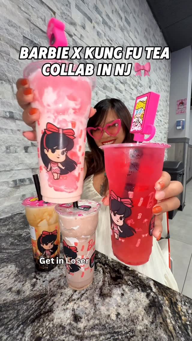 Instagram post by @gracietravelsnj for Kung Fu Tea. Caption reads: Calling all my Barbie girls (and Ken’s) 🌸🎀 let’s....