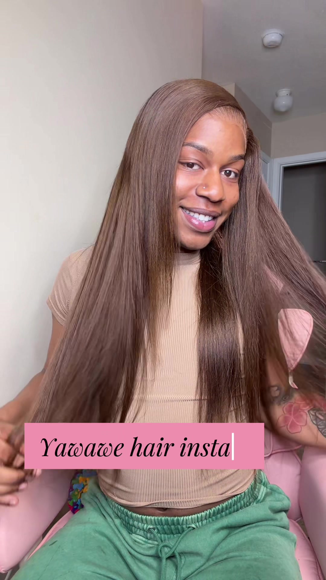 TikTok post by an influencer for YAWAWE. Caption reads: Perfect brown hair with @Yawawe Hair @Yawawe Hair....