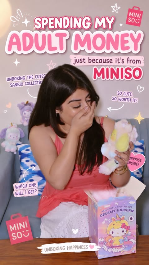 Instagram post by @sakshikeshwani_ for MINISO. Caption reads: [...] would you hope to unbox first? 💕....