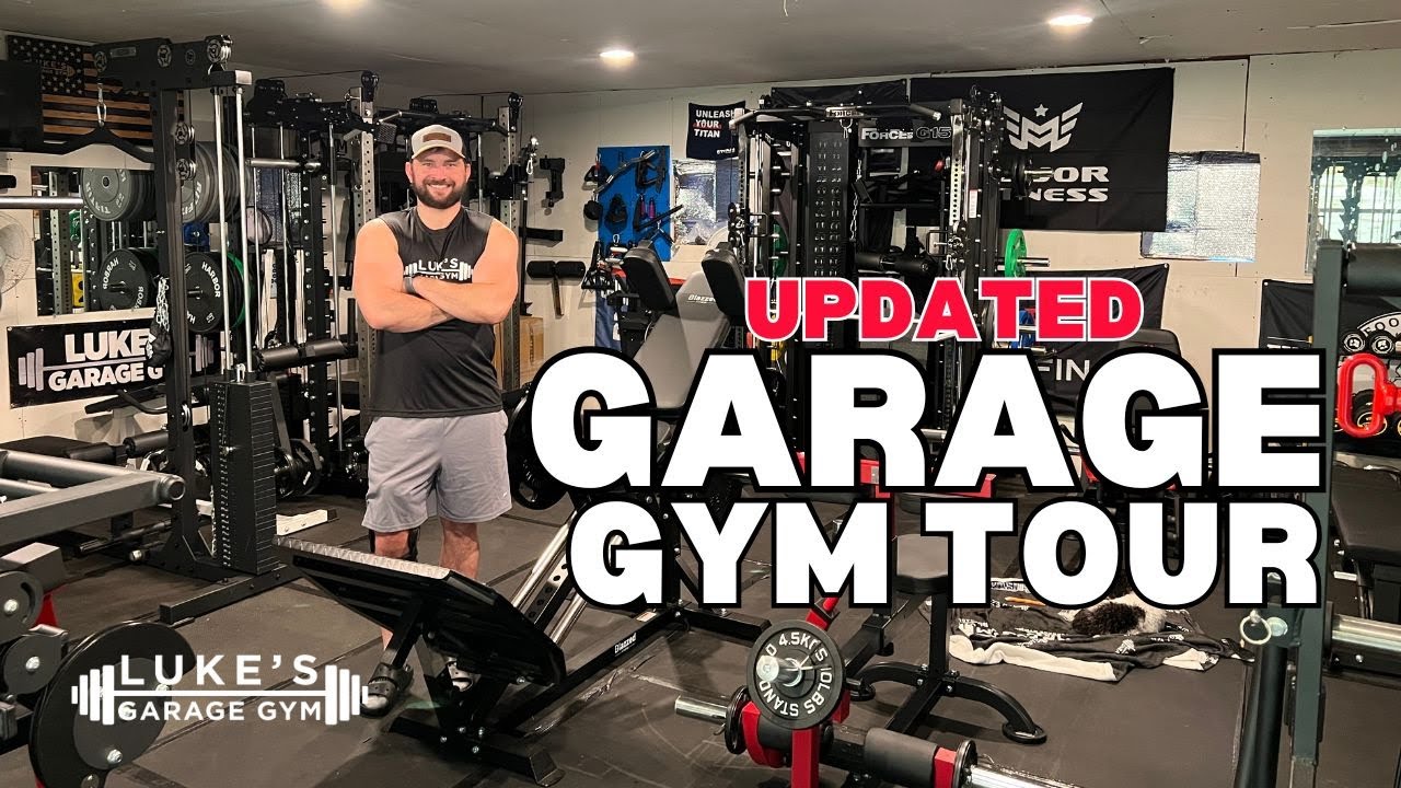 YouTube post by @LukesGarageGym for Merachfit. Caption reads: My Updated Garage Gym Tour 2025!! | My Full Garage....