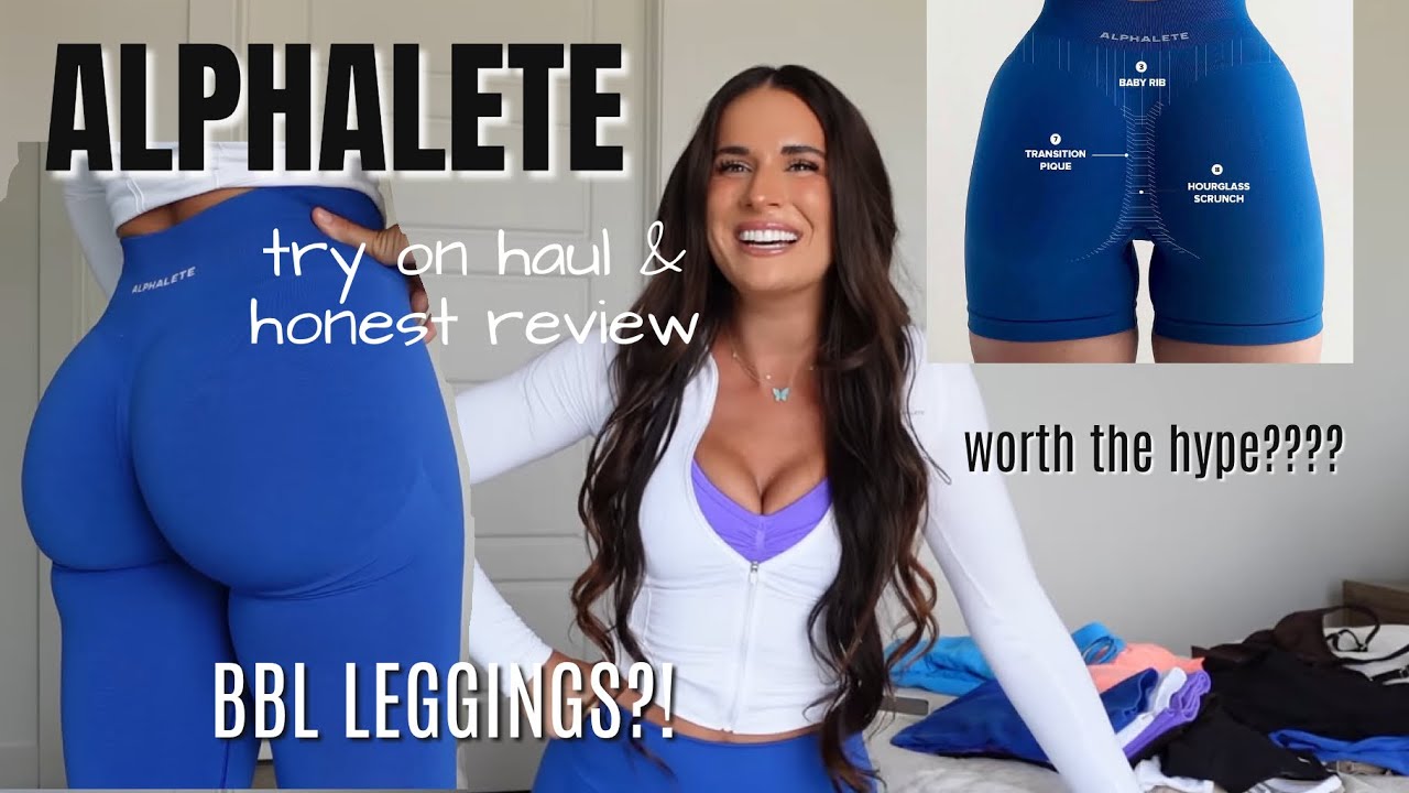 YouTube post by @makaylaanisaa for Alphalete Women. Caption reads: BBL LEGGINGS?! ALPHALETE in depth HONEST try on....