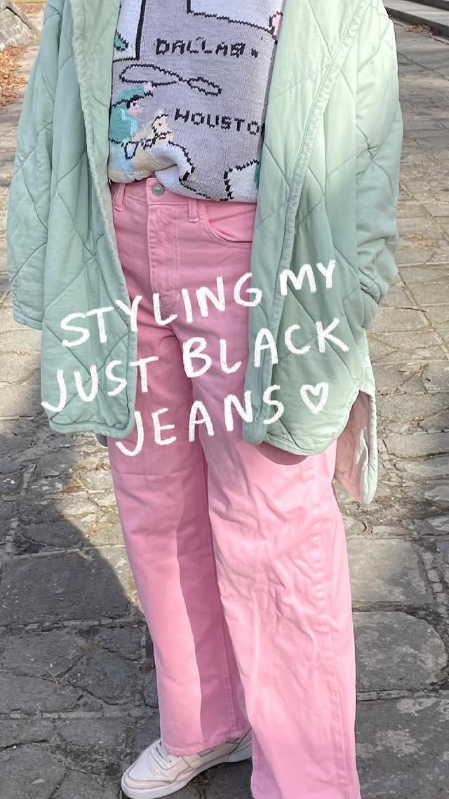 Instagram post by @daybrighten for Just Black Denim. Caption reads: @justblackdenim retro straight jeans in pink have....