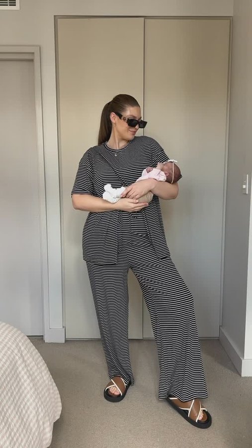 Instagram post by @tidyteachermum for Apéro Label. Caption reads: Mum + Bub OOTD featuring the Ivy Stripe top +....