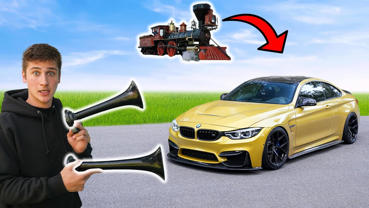 YouTube post by @JakeSchnatter for Hornblasters. Caption reads: I put a TRAIN HORN on my M4.