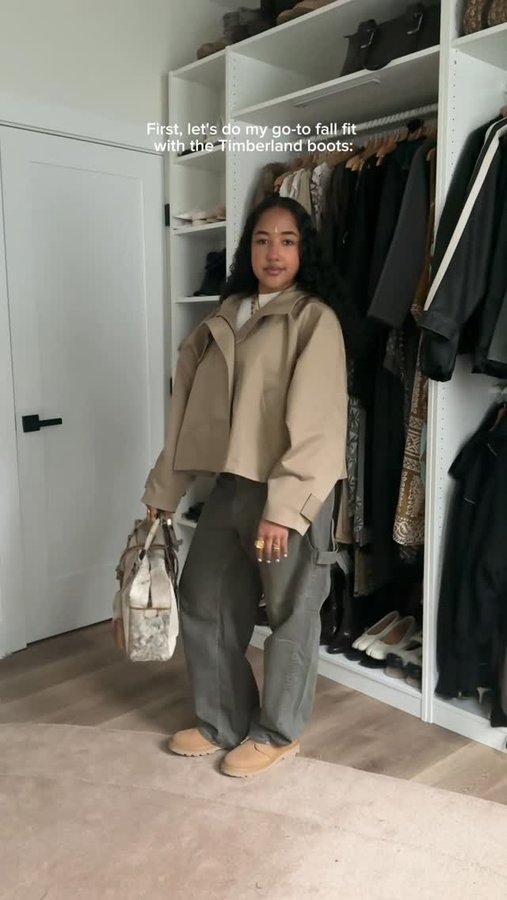 Instagram post by @nazjaa for Timberland. Caption reads: 1 shoe, 3 outfits! 🍂🪵❄️🌲 styling the....