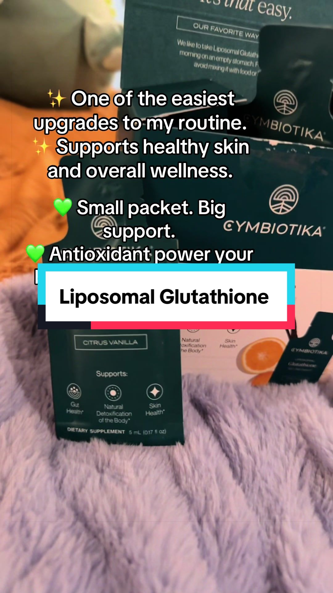 TikTok post by @mamacarrieb for Cymbiotika. Caption reads: [...] #HealthyLiving #TikTokMadeMeBuyIt....