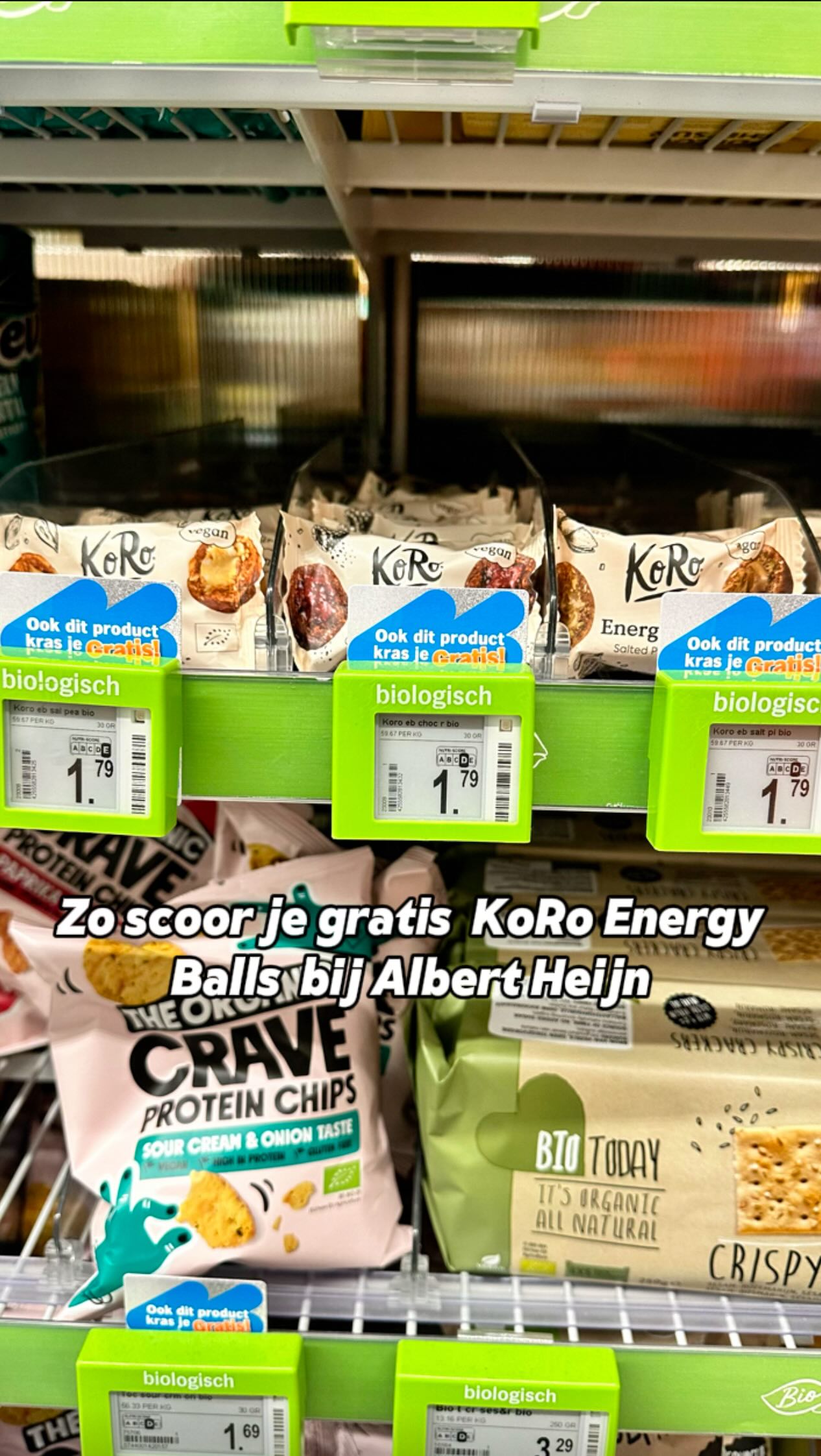 Instagram post by @bonusvegan for Albert Heijn. Caption reads: 🎉 Heb je de Energy Balls van KoRo nog niet....