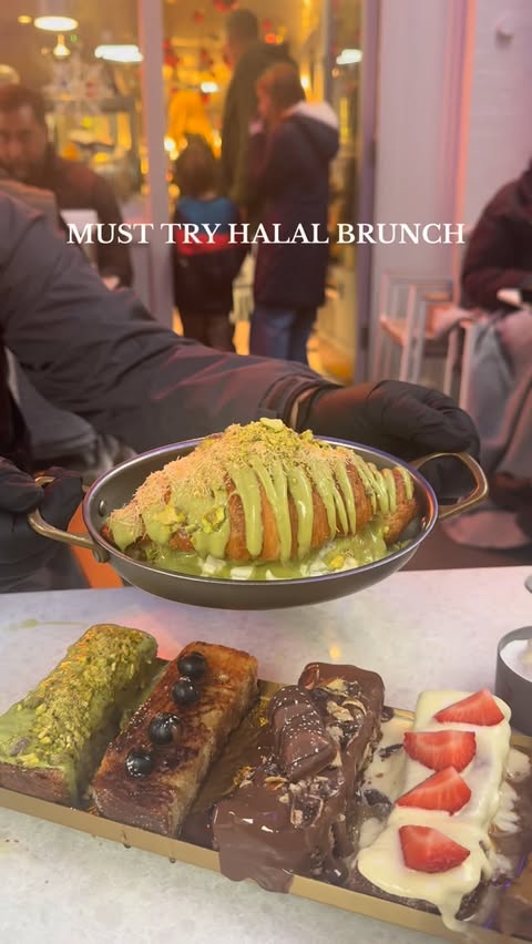 Instagram post by @aktravells for Crome London. Caption reads: Halal brunch at Crome London 😮‍🔥🍽️ From the....