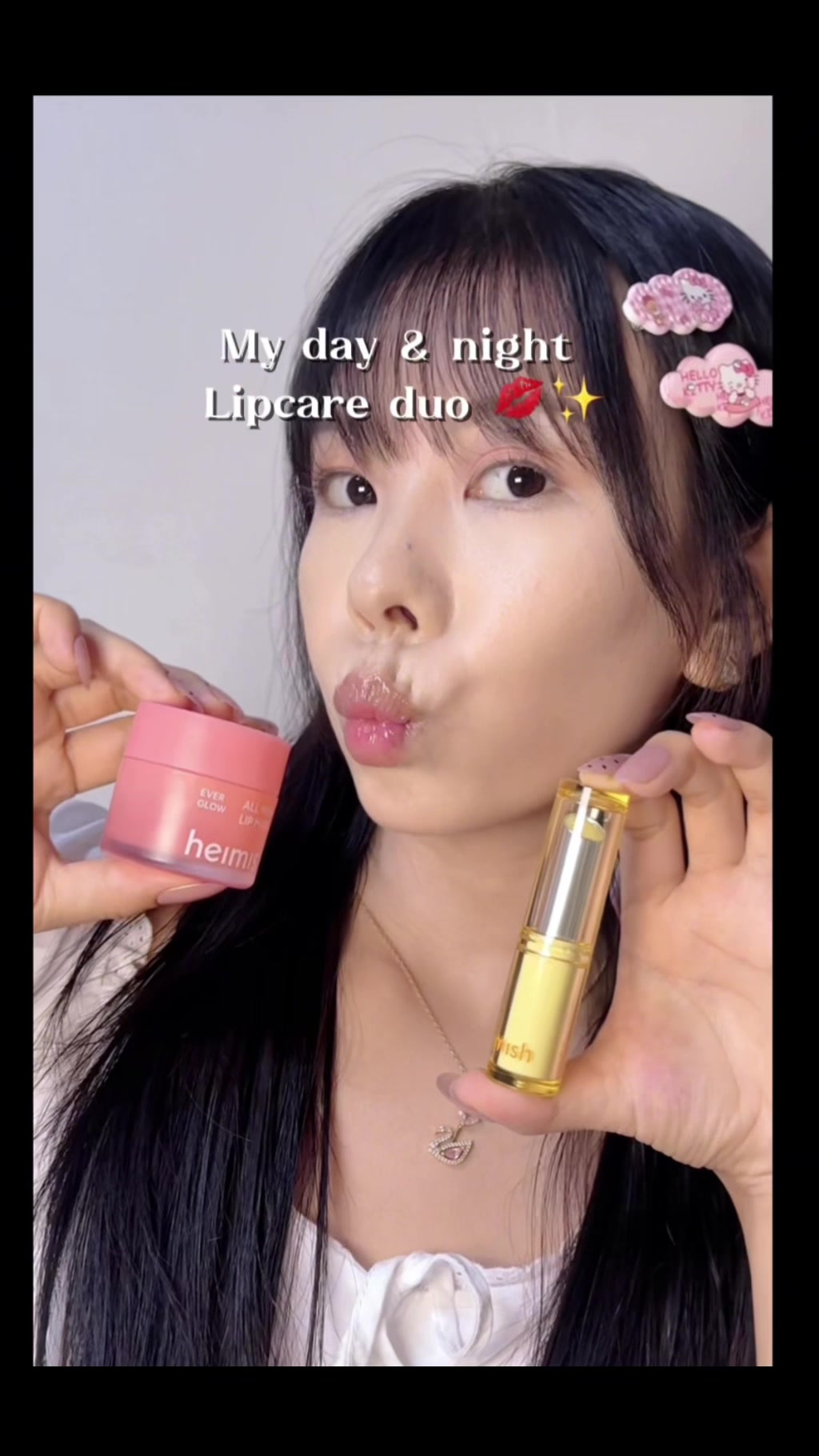 TikTok post by @yumin01_ for Heimish. Caption reads: Day & night lip 👄 care duo ✨💄 @heimish.cosmetics....