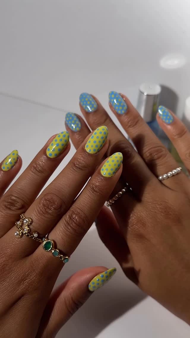Instagram post by @nailsbyroveena for Barry M. Caption reads: my current go-to mani: polka dots 💚🩵

It’s such....