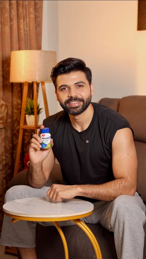 Instagram post by @vishalkalra_ for HealthOK Tablets. Caption reads: Energy, immunity and muscle support — all in one!....