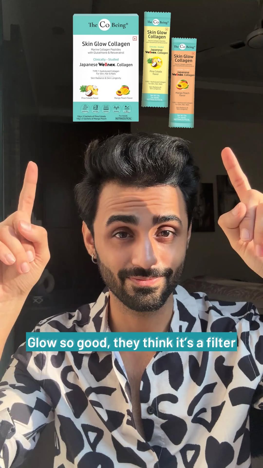 Instagram post by @_karanxx for The Co Being. Caption reads: Glow up, sip by sip ✨ Packed with 5500mg of pure....