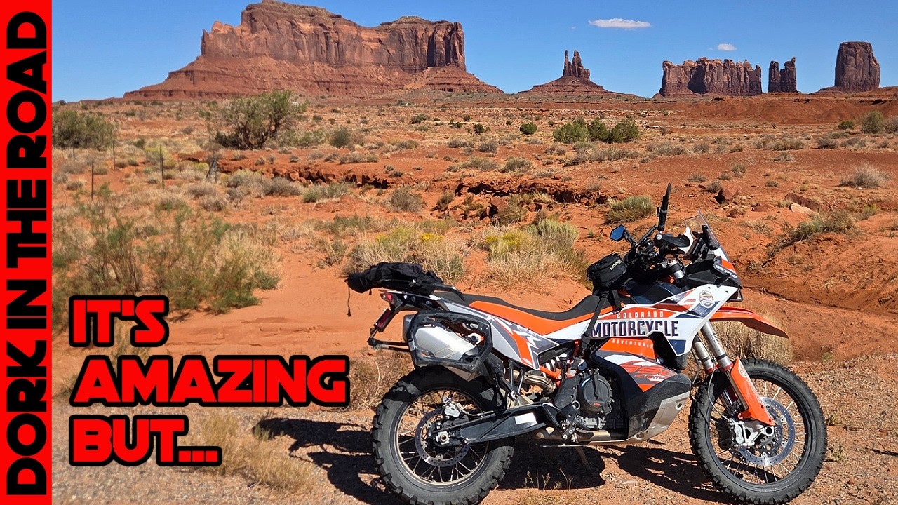 YouTube post by @DorkintheRoad for Mosko Moto. Caption reads: The Best ADV Bike I CAN'T Recommend: KTM 890....