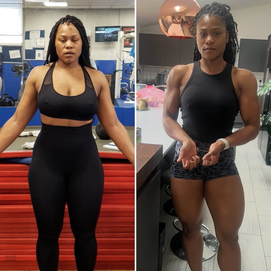 Instagram post by @tammiefitness for DY NutritionTM. Caption reads: Postpartum progress — not a snapback. April 2021....