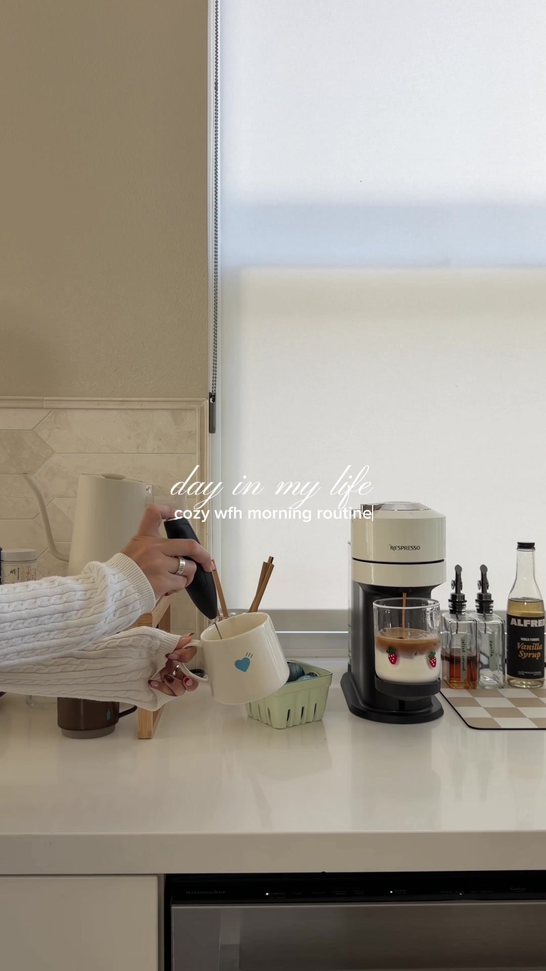 TikTok post by @chlsealu for Nespresso. Caption reads: a calm morning working from home: breakfast,....