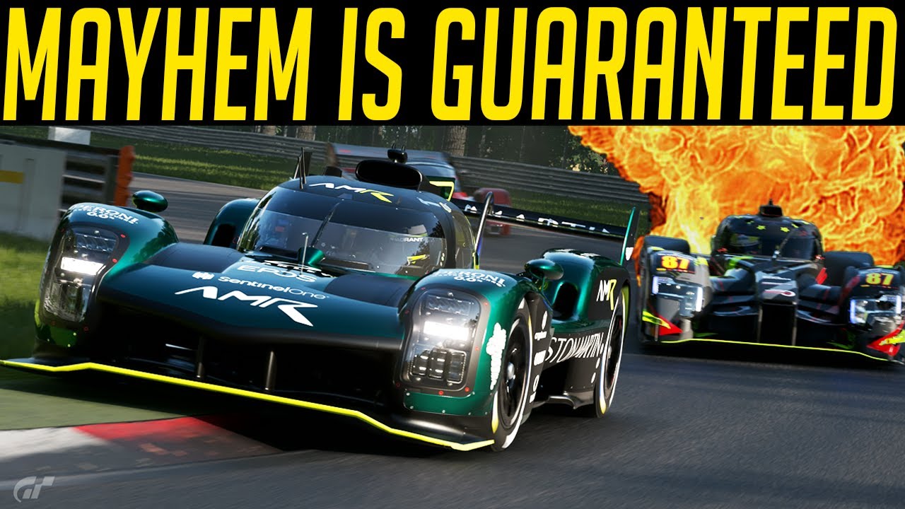 YouTube post by @Super_GT for Simagic. Caption reads: Gran Turismo 7: Ah Yes, Monza Mayhem Returns.