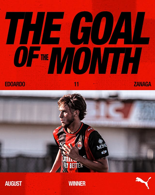 Instagram post by @milanfuturo for PUMA Football. Caption reads: Zanaga delivered. Your August Goal of the Month,....