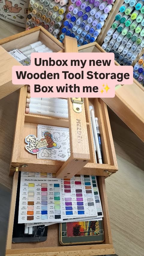 Instagram post by @cozycolourmom for MEEDEN ART. Caption reads: Anzeige Unbox my new wooden tool storage box with....