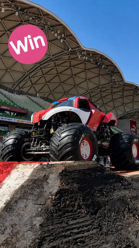Instagram post by @melbournewithkidz for Feld Entertainment. Caption reads: AD | 🚨🏁 WIN MONSTER JAM FAMILY PASSES! 🏁🚨....