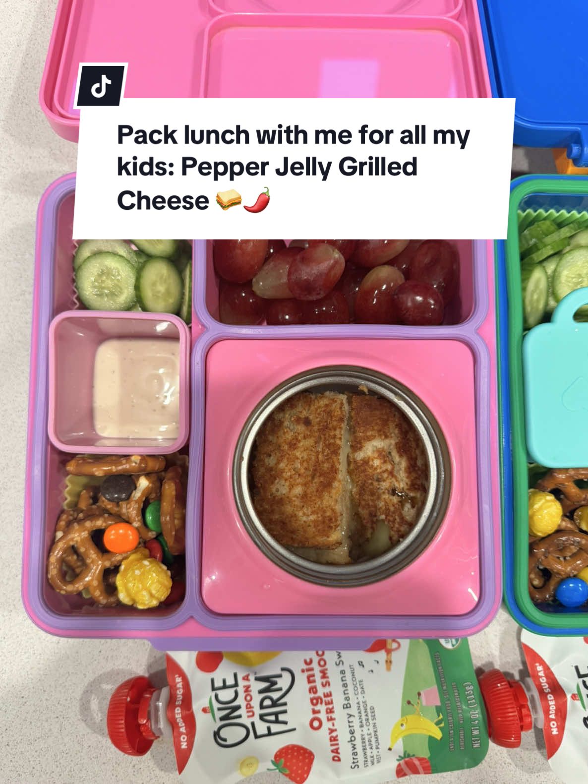 TikTok post by @thebonnairefamily for Once Upon a Farm. Caption reads: [...] their favorite fruit pouches from @Once Upon....