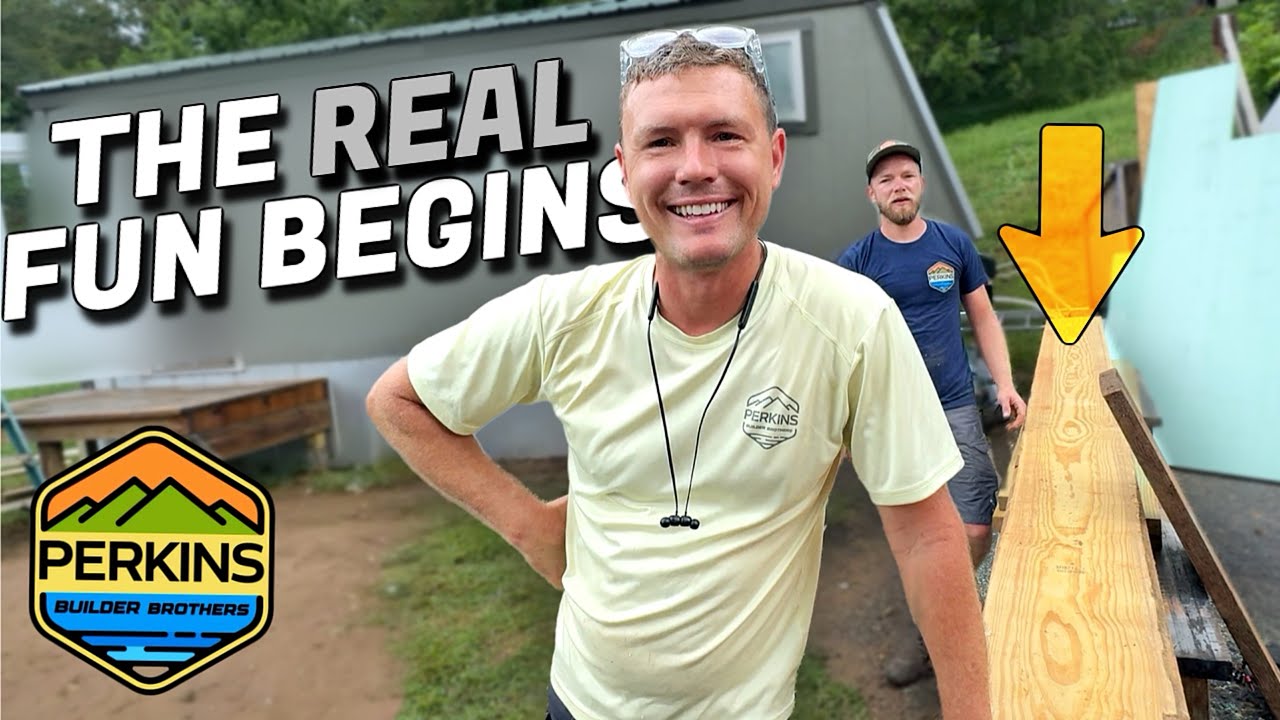 YouTube post by @PerkinsBuilderBrothers for TRUEWERK. Caption reads: We bought a RUN DOWN tiny home and rebuilt it! P5.