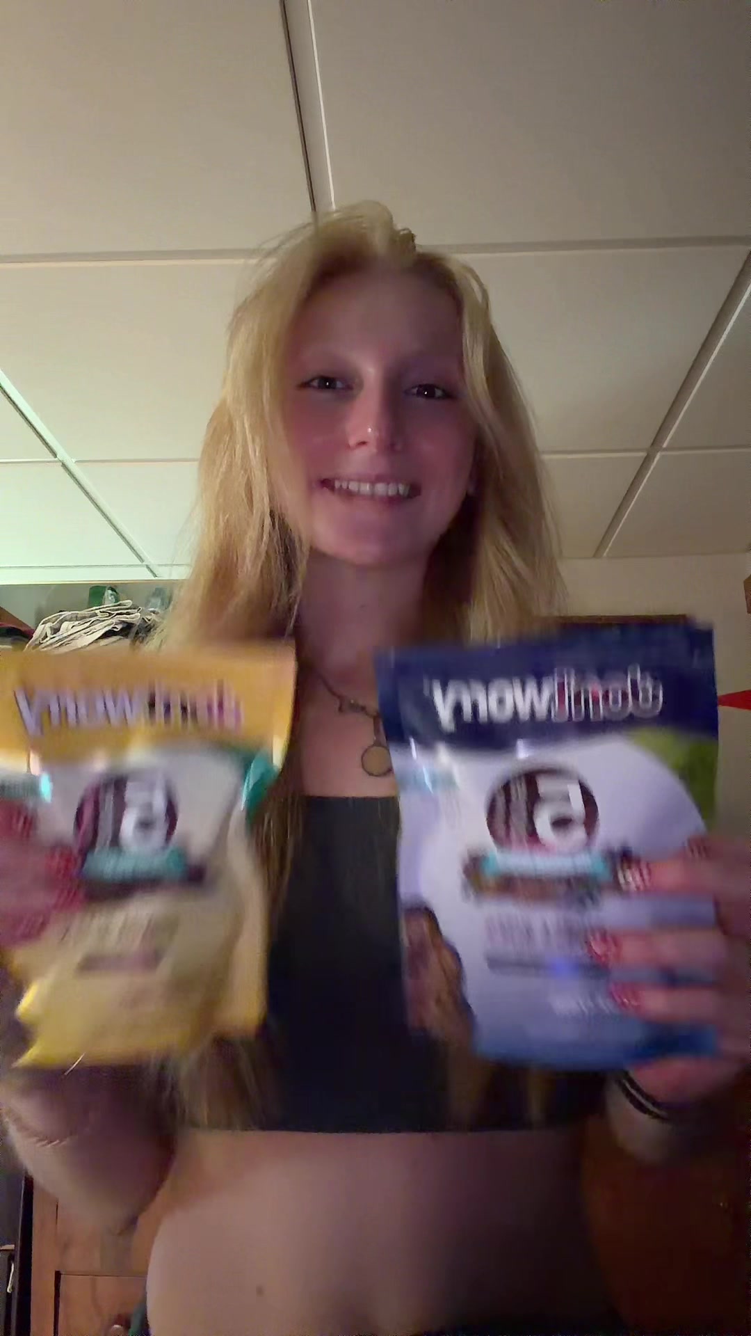TikTok post by @lillianlednik for dontworry snacks. Caption reads: Ignore my lack of eyebrows @dontworry snacks....