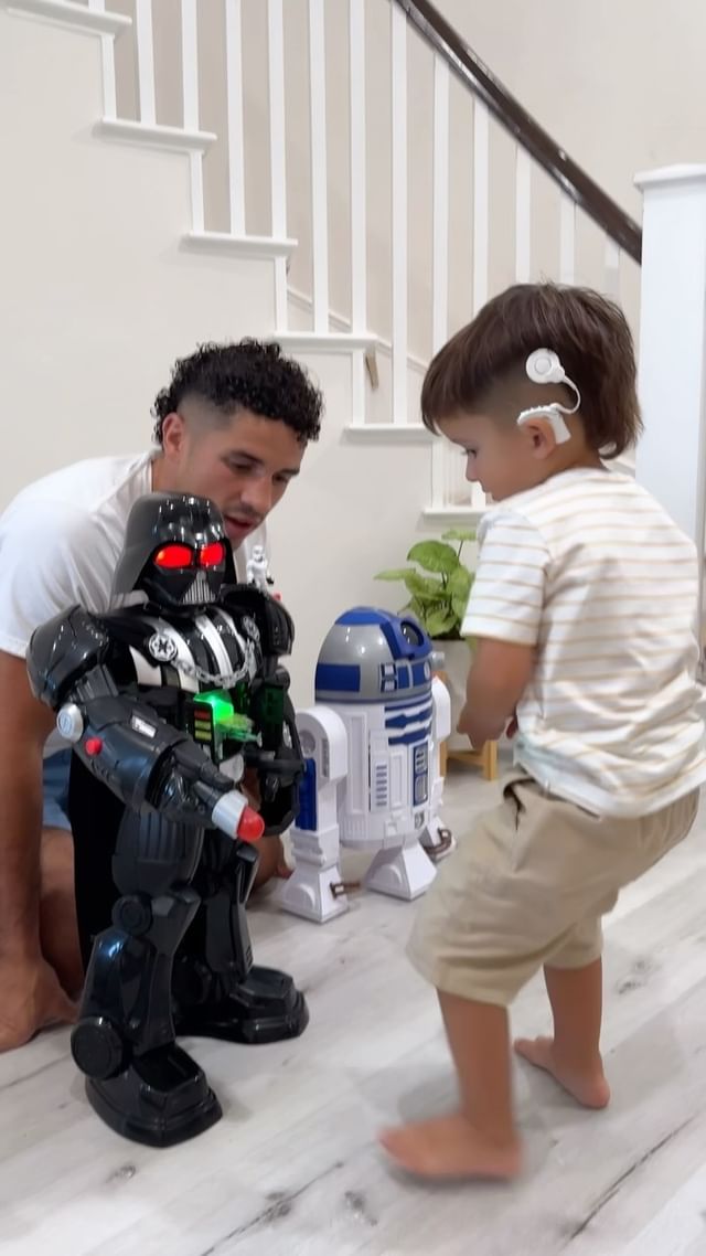 Instagram post by @nikovaldes for Fisher-Price. Caption reads: We got a little STAR WARS fan in the house. #AD....