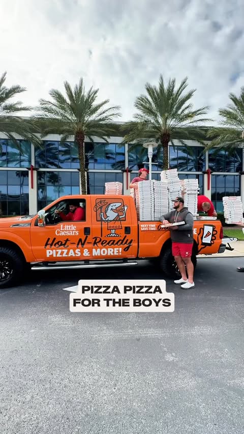 Instagram post by @tristan_wirfs74 for Little Caesars. Caption reads: [...] to go BIGGER for Victory Monday with....
