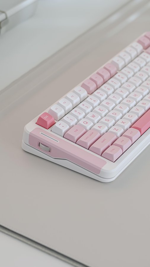 Instagram post by @piapeonia for Mchose. Caption reads: Pink & white keeb🩷🤍

The @mchose_official X75 V2....