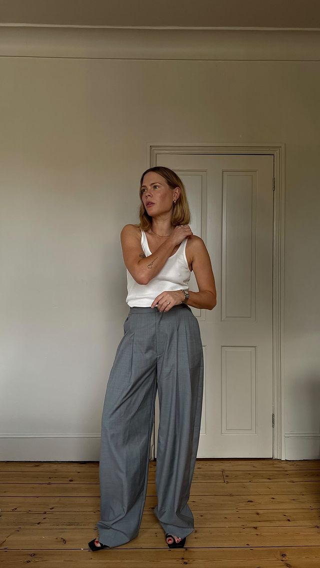 Instagram post by @jessie_bush for St. Agni. Caption reads: Two very good pairs of @stagnistudio trousers,....